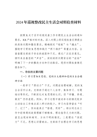 2024年巡视整改民主生活会对照检查材料