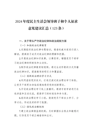 2024年度民主生活会领导班子和个人征求意见建议汇总（123条）