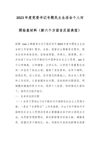 2023年度党委书记专题民主生活会个人对照检查材料（新六个方面含反面典型）