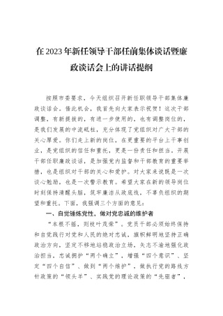 在2023年新任领导干部任前集体谈话暨廉政谈话会上的讲话提纲