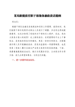 局新提拔任职干部集体廉政谈话提纲
