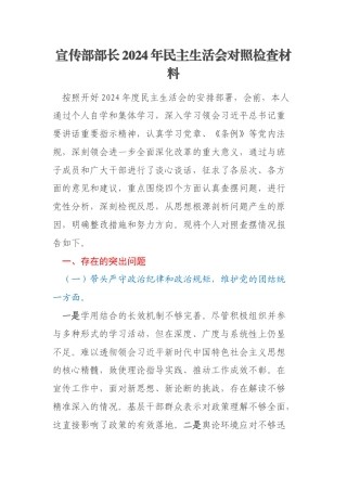 宣传部部长2024年民主生活会对照检查材料