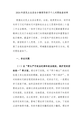 2024年度民主生活会乡镇领导班子个人对照检查材料