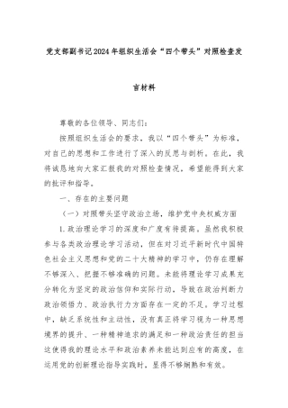 党支部副书记2024年组织生活会“四个带头”对照检查发言材料