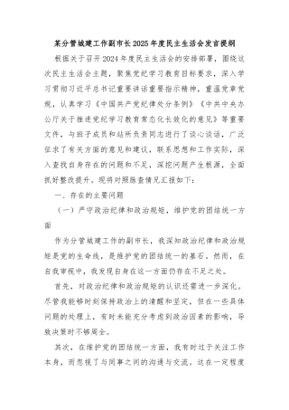 某分管城建工作副市长2025年度民主生活会发言提纲