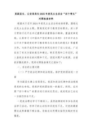 某副县长、公安局局长2025年度民主生活会“四个带头”对照检查材料
