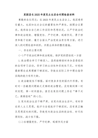 某副县长2025年度民主生活会对照检查材料