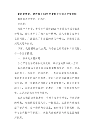 某区委常委、宣传部长2025年度民主生活会发言提纲