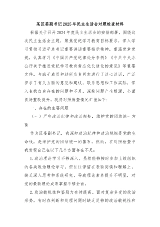 某区委副书记2025年民主生活会对照检查材料