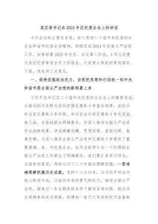 某区委书记在2025年区纪委全会上的讲话