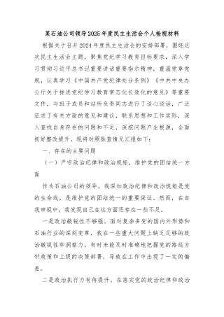 某石油公司领导2025年度民主生活会个人检视材料