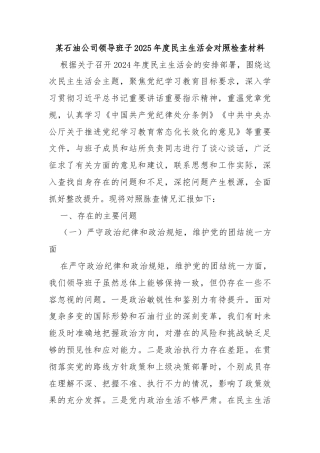某石油公司领导班子2025年度民主生活会对照检查材料
