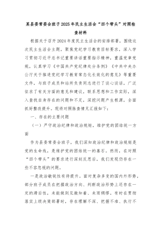 某县委常委会班子2025年民主生活会“四个带头”对照检查材料