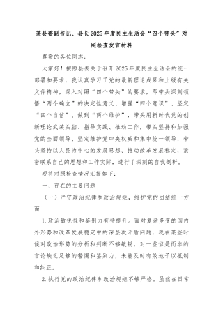 某县委副书记、县长2025年度民主生活会“四个带头”对照检查发言材料