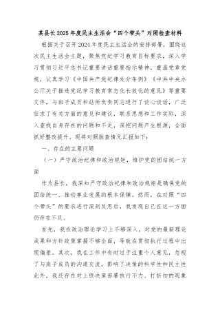 某县长2025年度民主生活会“四个带头”对照检查材料