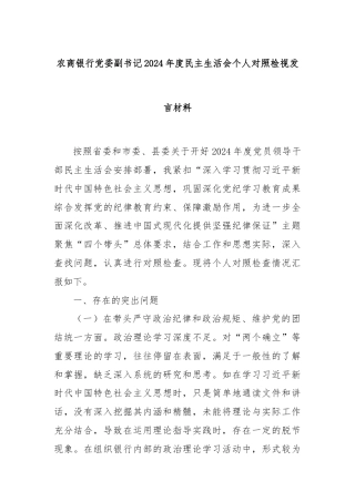 农商银行党委副书记2024年度民主生活会个人对照检视发言材料