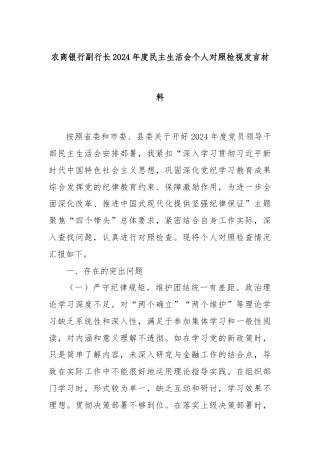农商银行副行长2024年度民主生活会个人对照检视发言材料