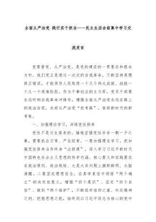 全面从严治党 践行实干担当——民主生活会前集中学习交流发言
