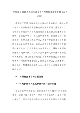 市局局长2024年民主生活会个人对照检查发言提纲（五个方面）