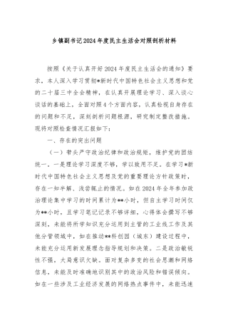 乡镇副书记2024年度民主生活会对照剖析材料
