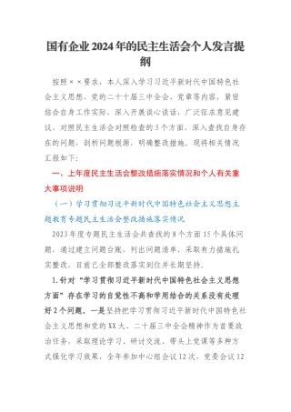 国有企业2024年的民主生活会个人发言提纲