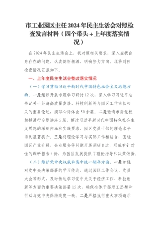 市工业园区主任2024年民主生活会对照检查发言材料（四个带头＋上年度落实情况）