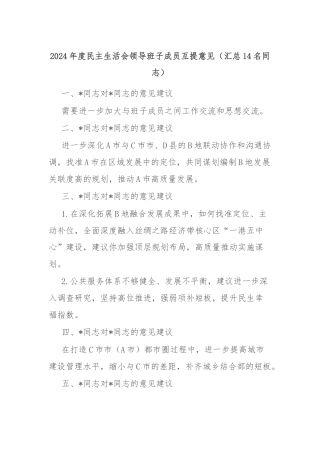 2024年度民主生活会领导班子成员互提意见（汇总14名同志）