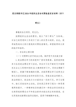 党支部副书记2024年组织生活会对照检查发言材料（四个带头）