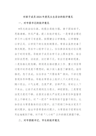 对班子成员2024年度民主生活会的批评意见