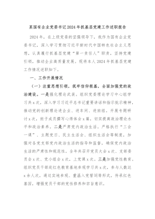 某国有企业党委书记2024年抓基层党建工作述职报告