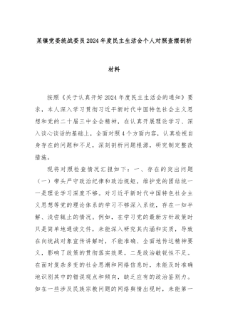 某镇党委统战委员 2024 年度民主生活会个人对照查摆剖析材料
