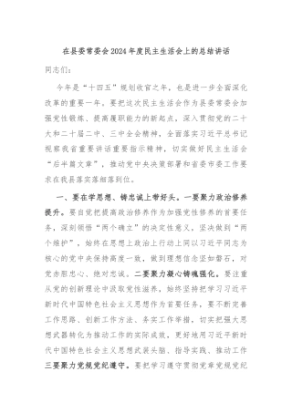在县委常委会2024年度民主生活会上的总结讲话