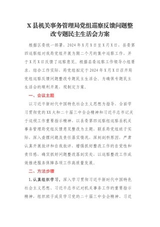 X县机关事务管理局党组巡察反馈问题整改专题民主生活会方案