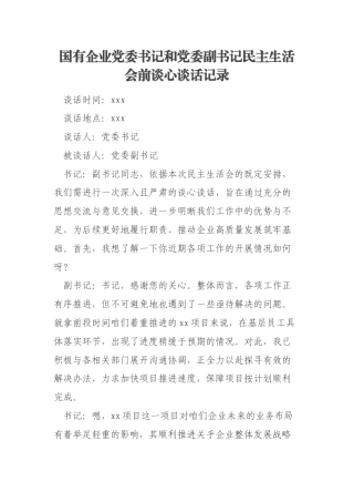 国有企业党委书记和党委副书记民主生活会前谈心谈话记录