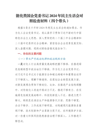 能化类国企党委书记2024年民主生活会对照检查材料（四个带头）