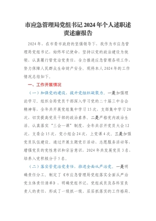 市应急管理局党组书记2024年个人述职述责述廉报告