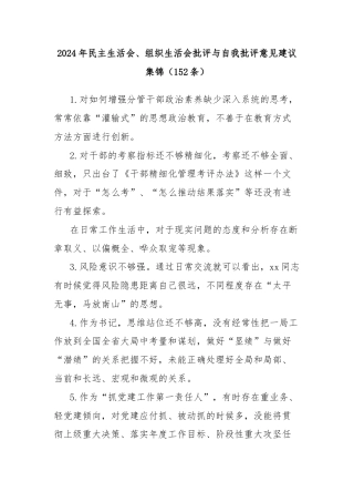 2024年民主生活会、组织生活会批评与自我批评意见建议集锦（152条）