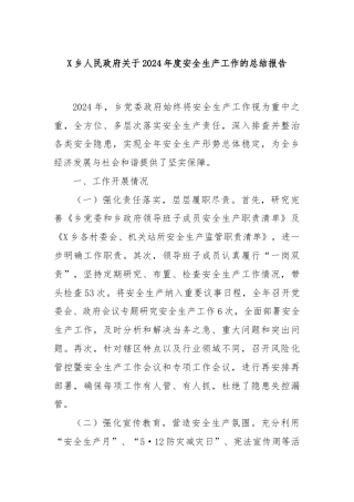 X乡人民政府关于2024年度安全生产工作的总结报告
