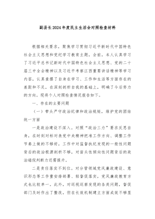 副县长2024年度民主生活会对照检查材料