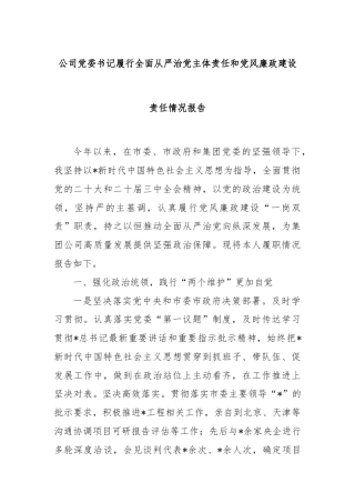公司党委书记履行全面从严治党主体责任和党风廉政建设责任情况报告