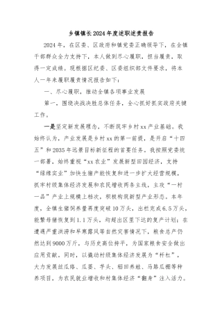 乡镇镇长2024年度述职述责报告