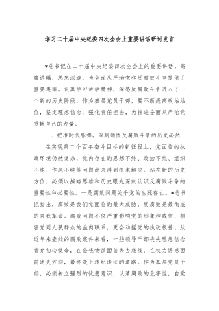 学习二十届中央纪委四次全会上重要讲话研讨发言