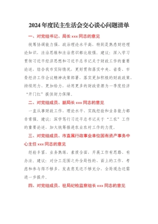 2024年度民主生活会交心谈心问题清单