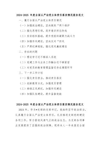 2024-2025 年度全面从严治党主体责任落实情况报告范文