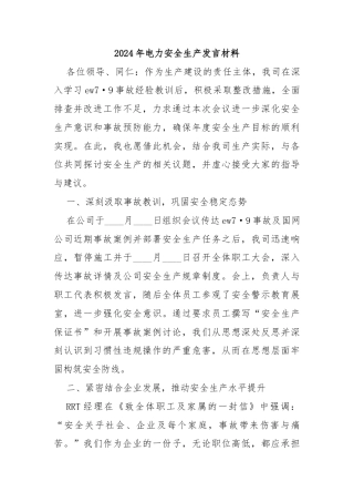 2024年电力安全生产发言材料