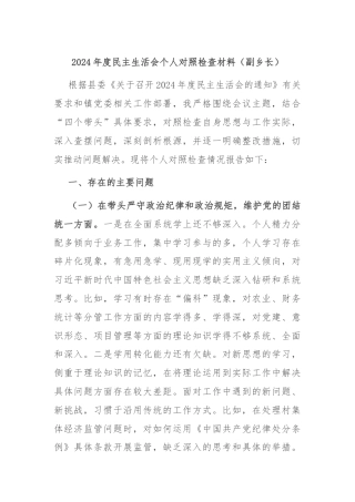 2024年度民主生活会个人对照检查材料（副乡长）