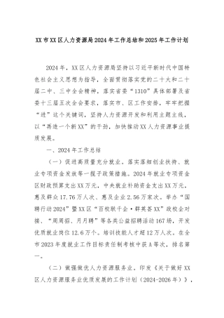 XX市XX区人力资源局2024年工作总结和2025年工作计划