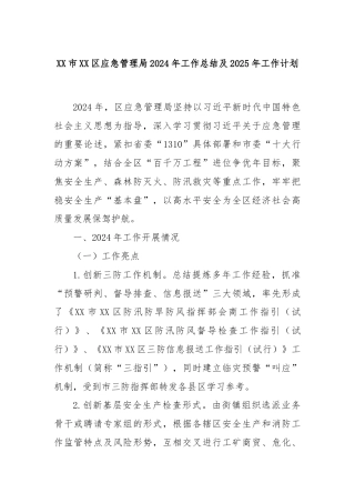 XX市XX区应急管理局2024年工作总结及2025年工作计划
