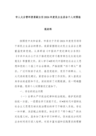 市人大分管环资委副主任2024年度民主生活会个人对照检视材料