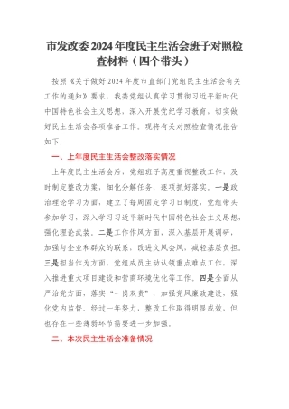市发改委2024年度民主生活会班子对照检查材料（四个带头）
